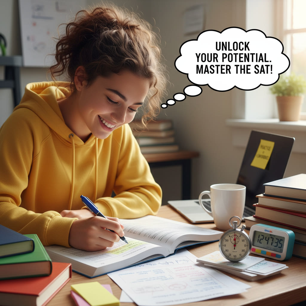 Student annotating a passage at a desk with notes and stopwatch—visual idea to emphasize timing and annotation practice.