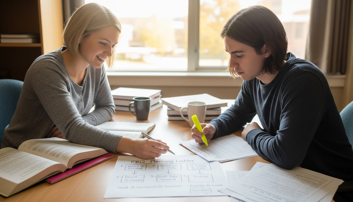 Photo Idea : A tutor and student reviewing a timed FRQ with a printed ladder on the desk — highlights one-on-one guidance, planning, and active revision (place near conclusion).