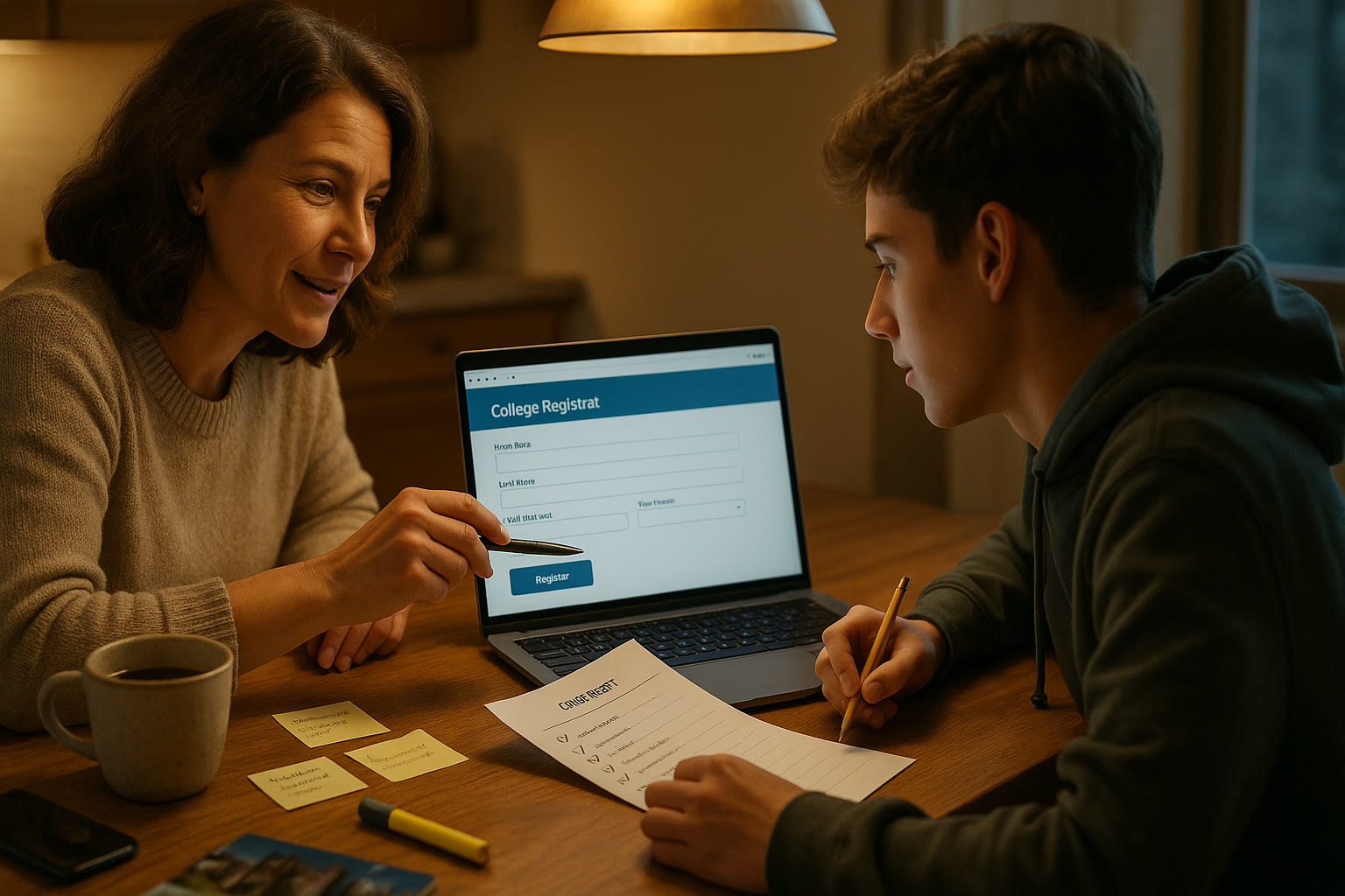 Photo Idea : A parent and teen at a kitchen table with a laptop open to a College Board-style registration page, warm lighting, checklist notes and a coffee cup.