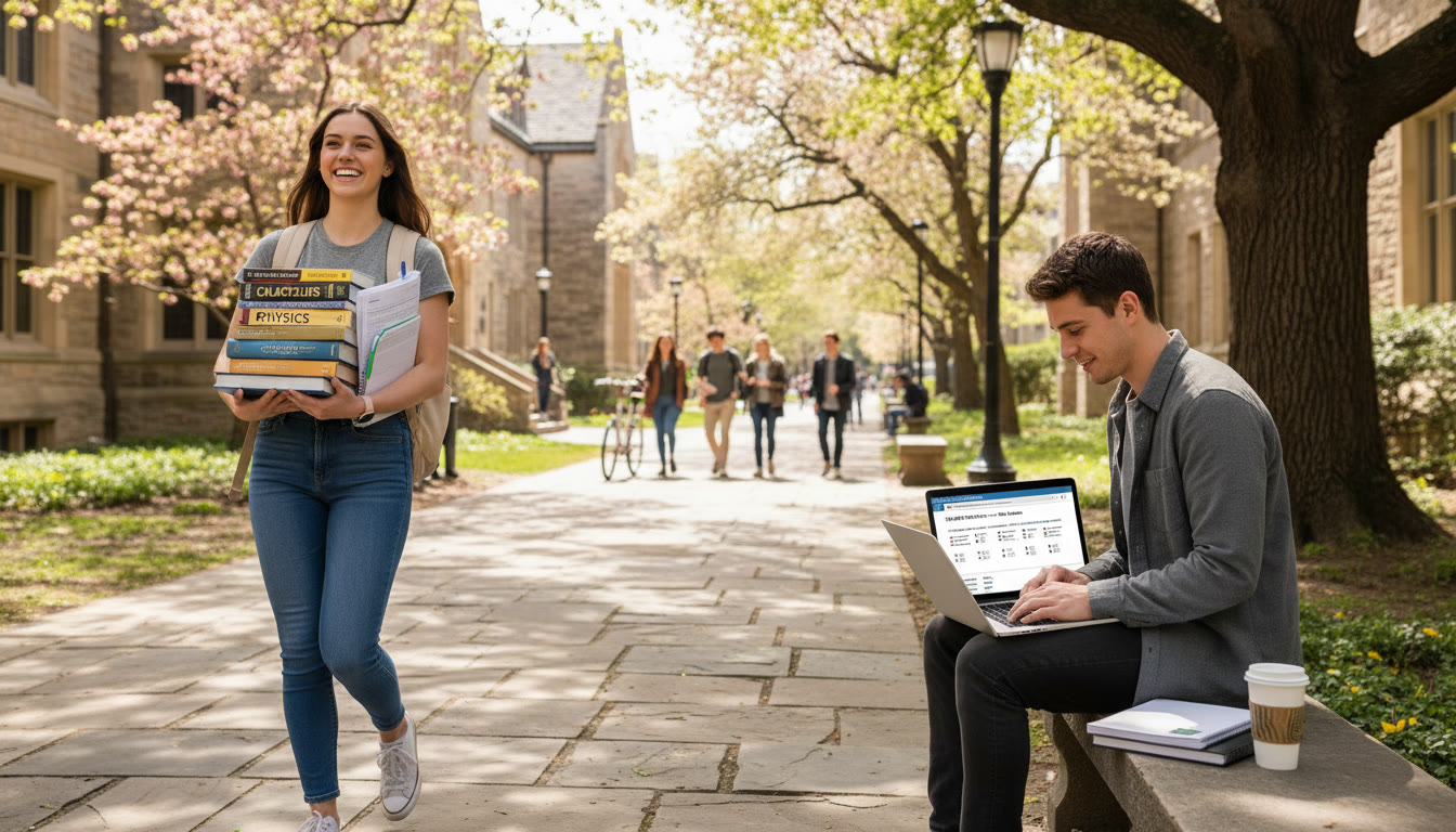 Photo Idea : A bright college campus pathway with a student carrying a stack of textbooks labeled