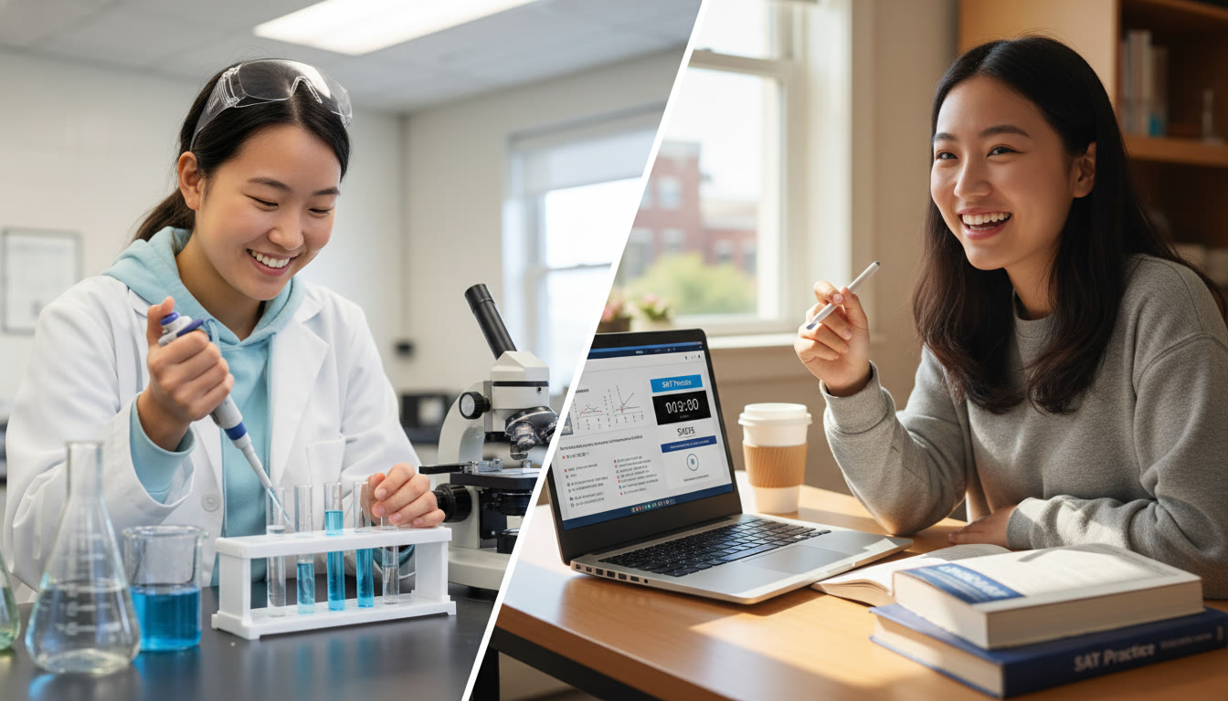 Photo Idea : A split image showing a student in a lab coat pipetting at a bench on one side, and the same student at a desk working on a laptop with SAT-style practice questions on the other.