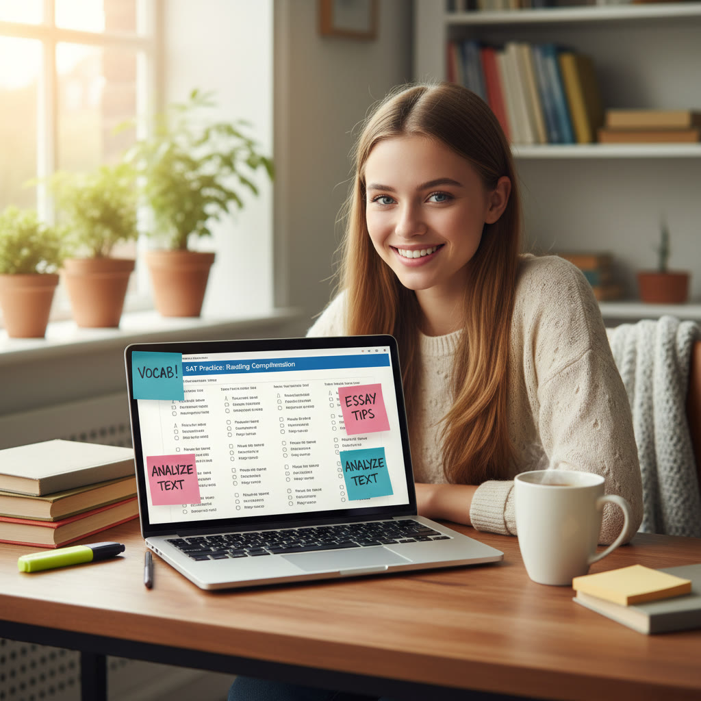 Photo Idea : A student sitting at a tidy desk with a laptop open to practice SAT questions, sticky notes around the screen, and a cup of coffee — natural, focused study environment.