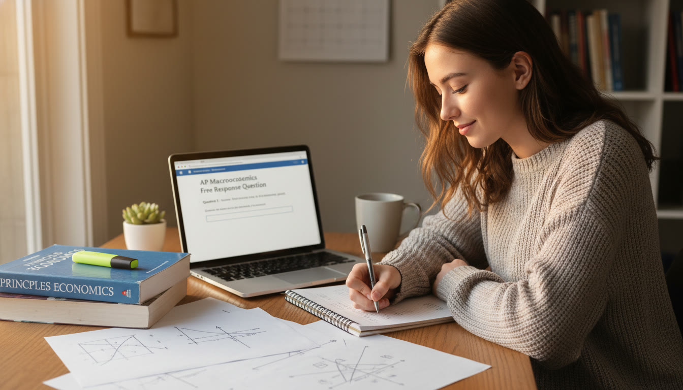 Photo Idea : A focused student at a desk writing, with an economics textbook, graph sketches, and a laptop displaying a practice FRQ—warm natural light, relatable study vibe.