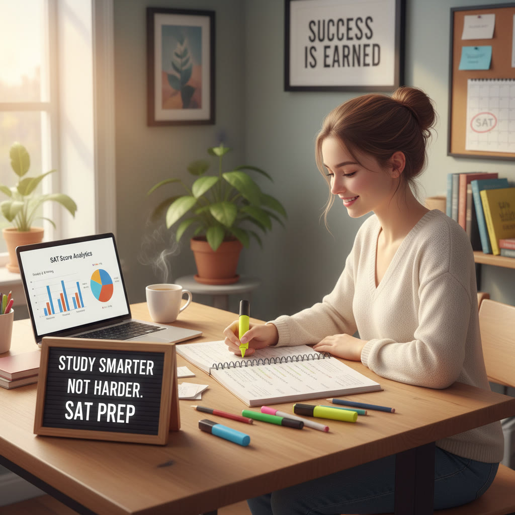 Photo idea: A focused student at a desk with practice tests, highlighters, and a laptop displaying score analytics—suggest a warm, calm study environment.
