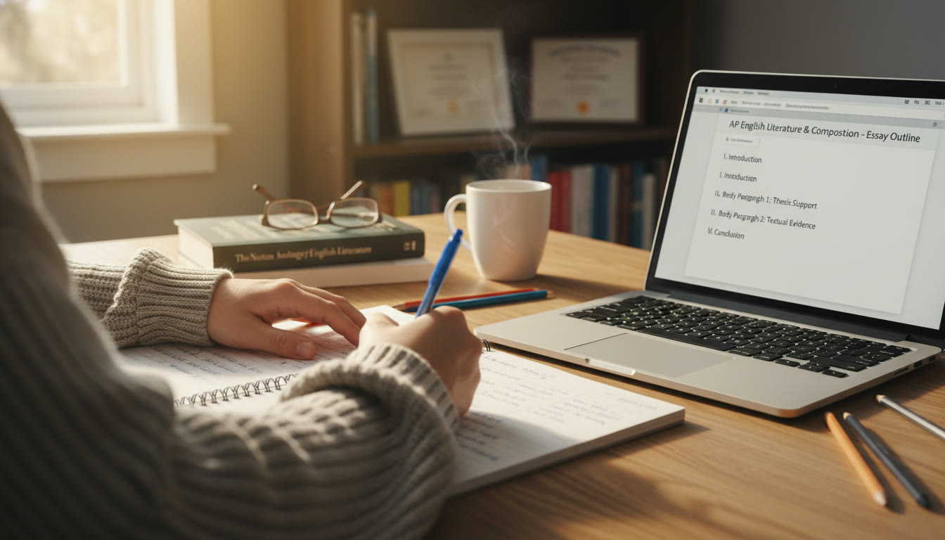 Photo Idea : A close-up of a student’s hand writing notes on a notebook next to a laptop displaying an essay outline—warm, natural light, suggesting focused study.