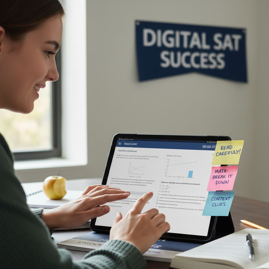 Photo Idea : Close-up of a student taking a practice Digital SAT on a tablet with a timer app visible, and sticky notes with strategies attached to the side of the tablet.