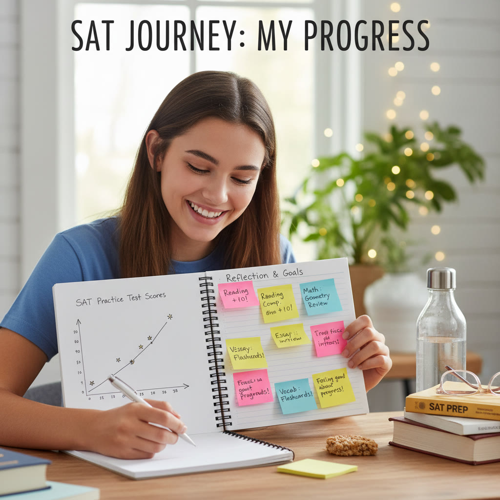 Student journaling after a practice SAT test, with a notebook open to a progress chart and colorful sticky notes—visualizing improvement and reflection.