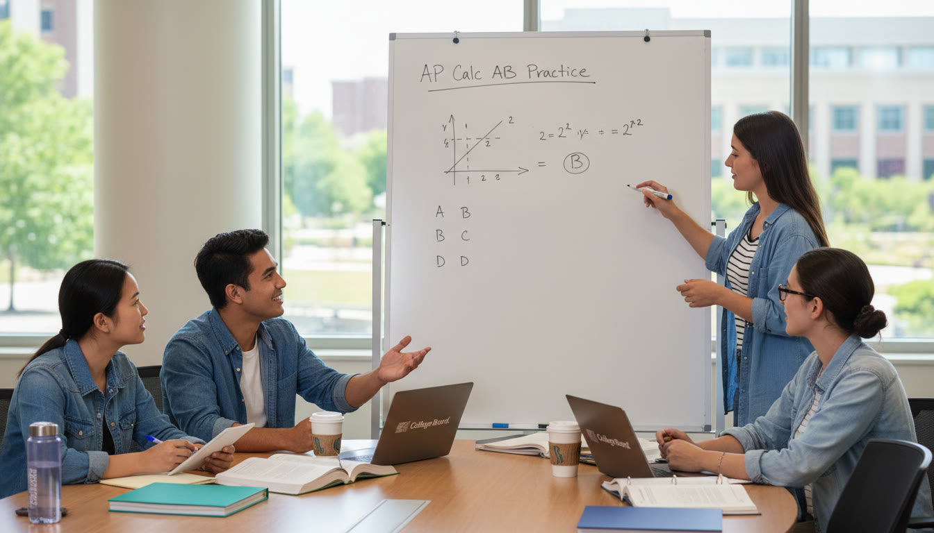Photo Idea : A calm, focused group tutoring session with a student and tutor reviewing AP practice problems on a whiteboard—visualizing collaborative, personalized support that builds mastery.