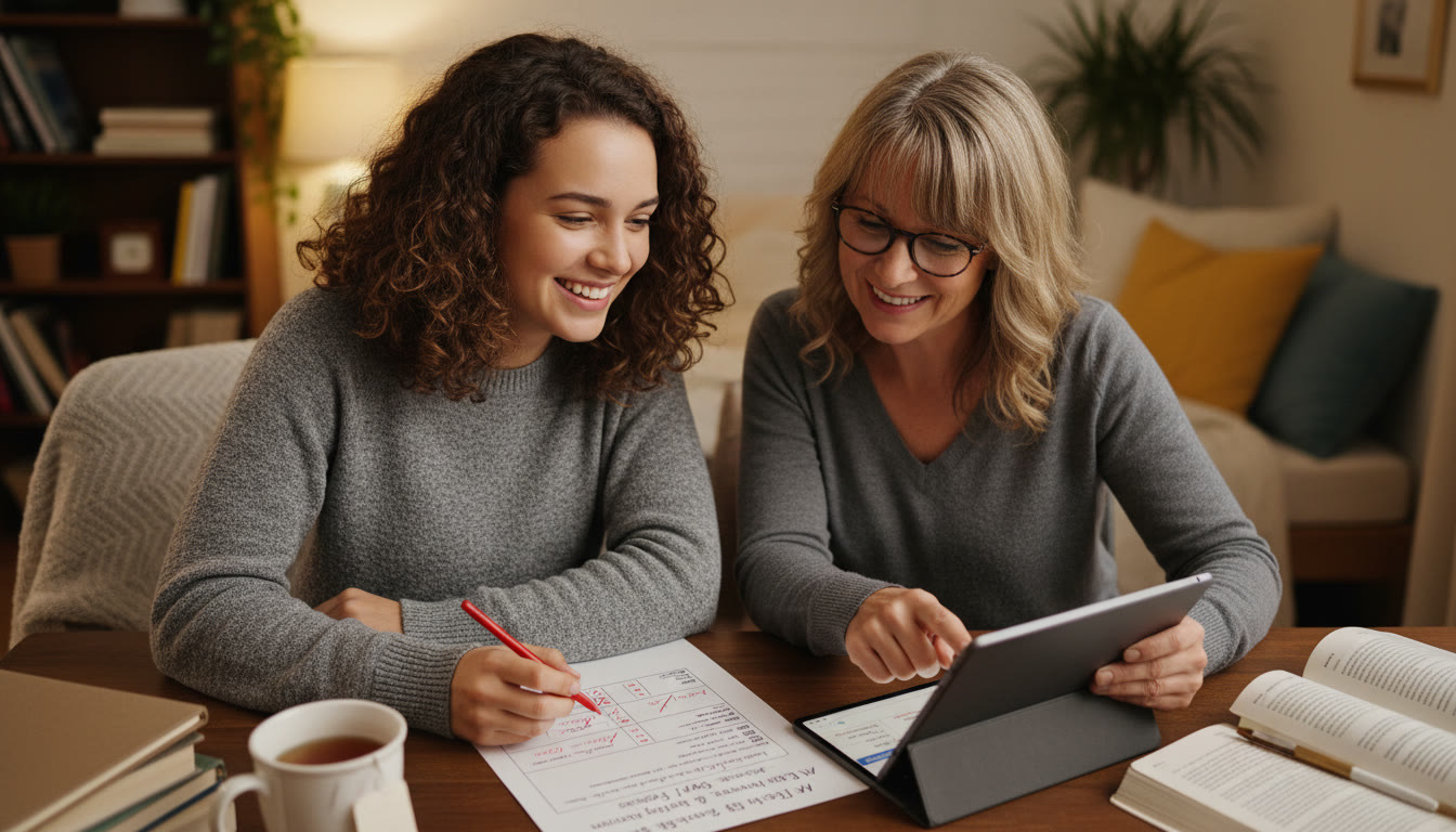 Photo Idea : A cozy scene later in the article showing a student reviewing a practice test with a tutor (in-person or virtual), smiling while crossing off items on a tailored study plan illustrating the calming effect of personalized guidance.