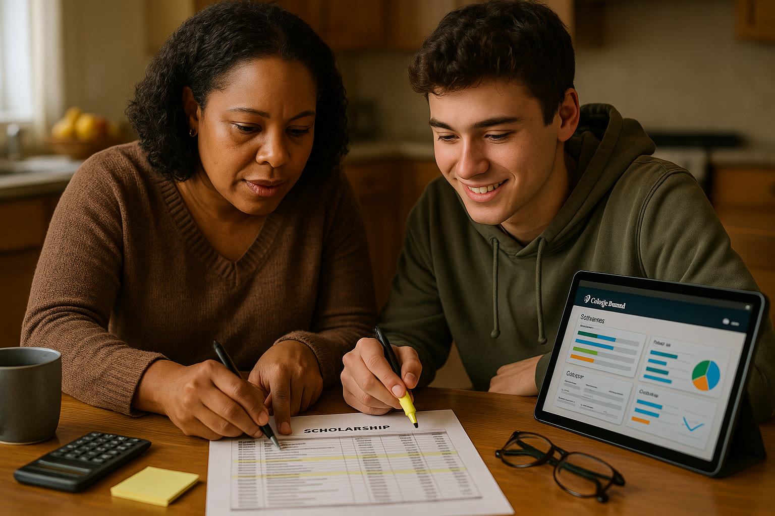 Photo Idea : A parent and teen reviewing a scholarship spreadsheet at a kitchen table, with a tablet showing a College Board dashboard in the background.