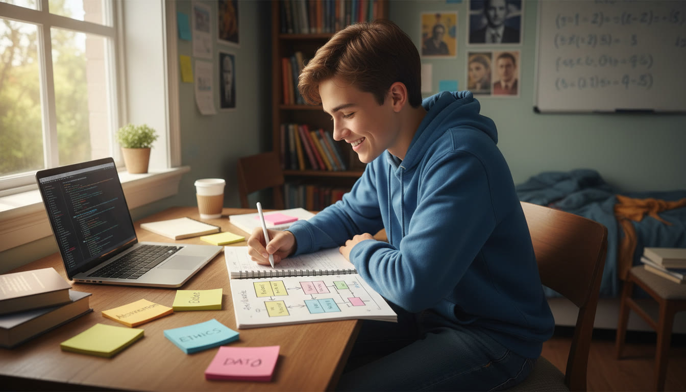 Photo Idea : A thoughtful high-school student sitting at a desk with a laptop and notebook, sketching diagrams of a program while surrounded by sticky notes labeled “Abstraction,” “Ethics,” and “Data.”