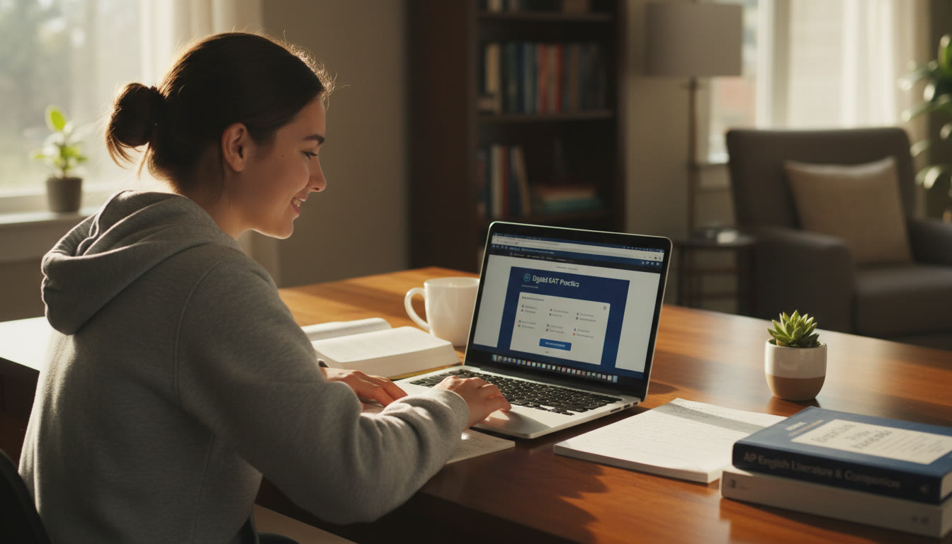 Photo Idea : A focused student working at a desk with a laptop and notes, Digital SAT practice on screen, warm natural light — evokes calm, modern test prep.