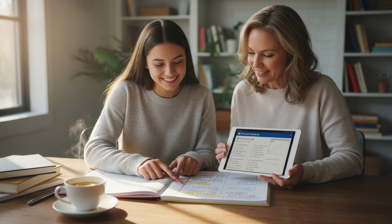 Photo Idea : A parent and student planning a study calendar together on a table with a tablet showing practice questions, notes, and a cup of tea (integrates naturally near the closing section).