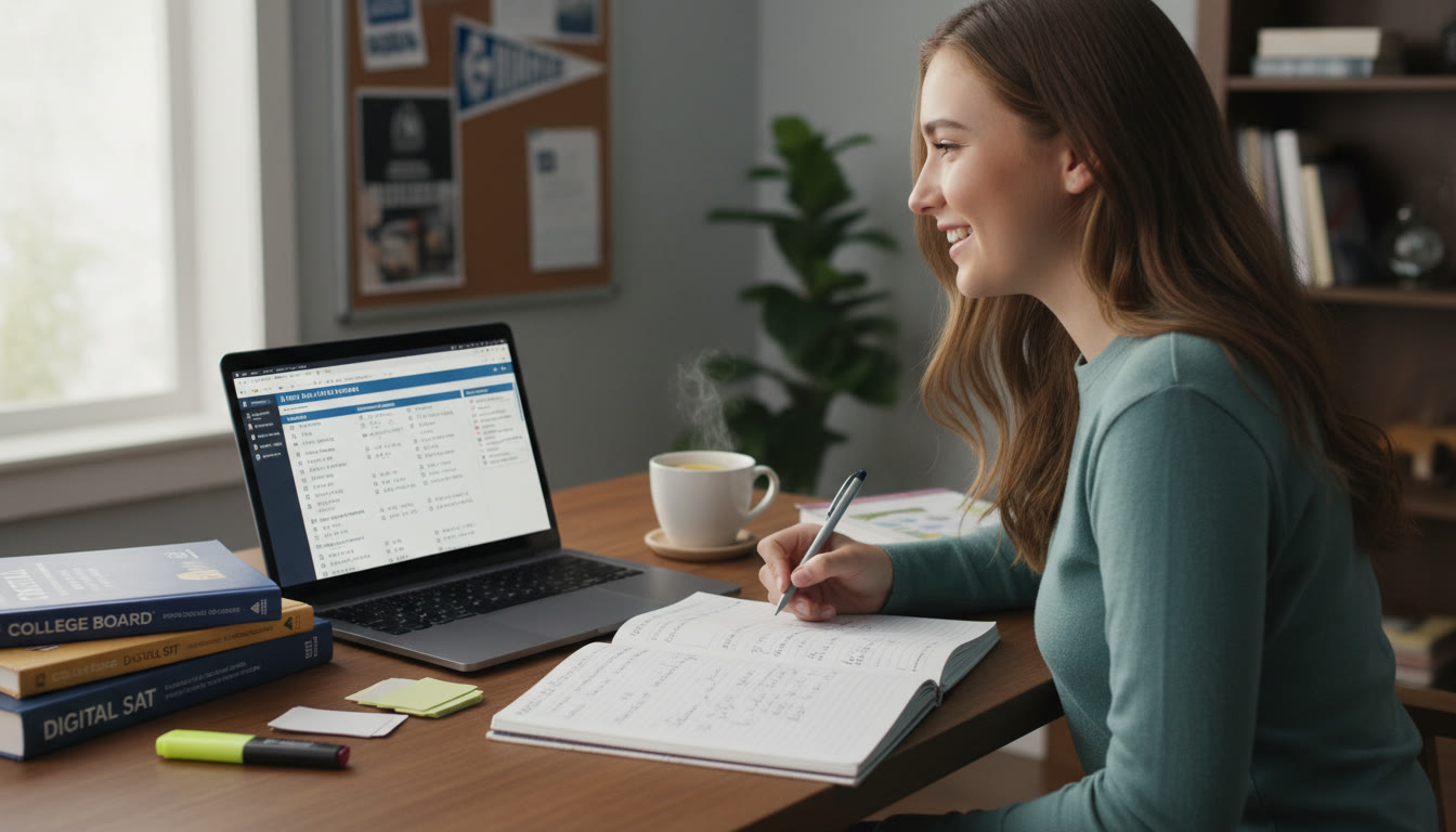 Photo Idea : A student at a desk practicing a Digital SAT section on a laptop with notes and a cup of tea—suggests focused, modern test preparation.