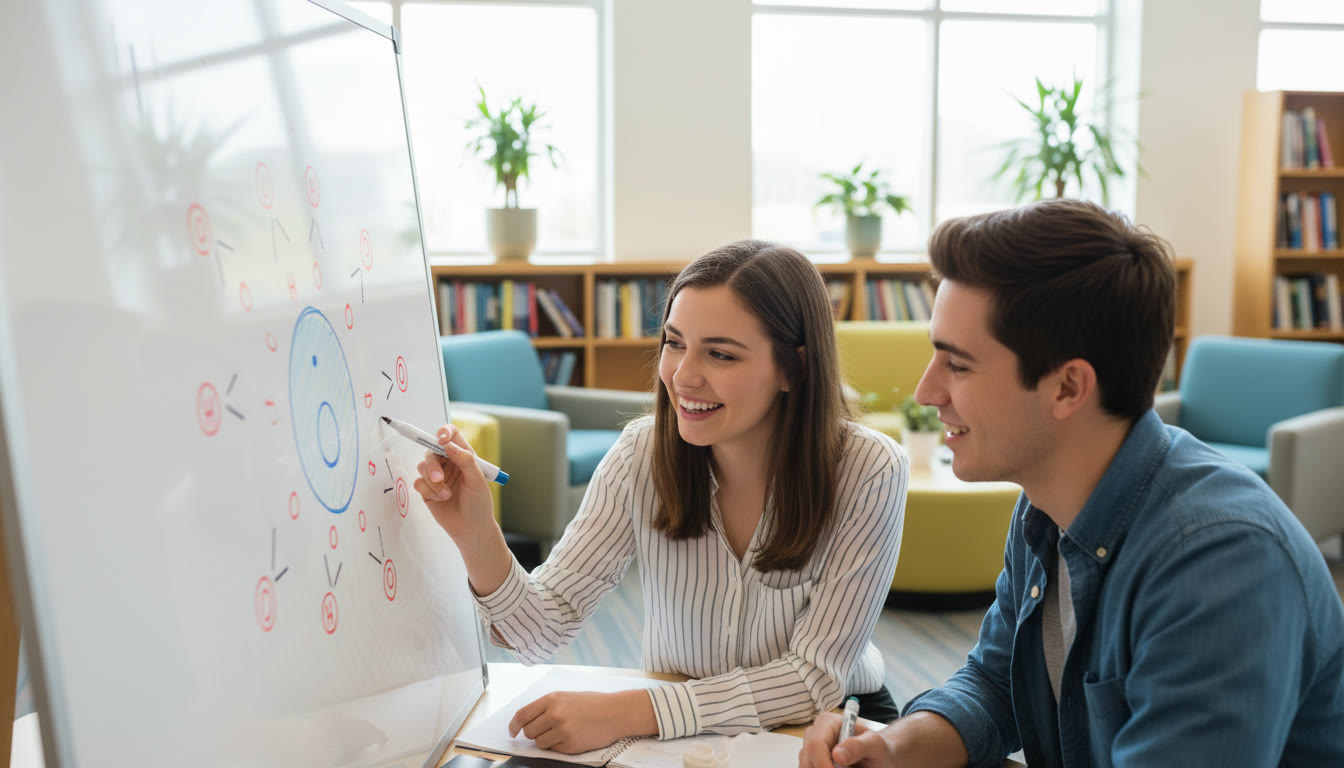Photo Idea : A tutor and student leaning over a whiteboard where particulate diagrams are being sketched; the tutor points out orientation of water molecules around an ion — warm, collaborative scene to emphasize 1-on-1 guidance.