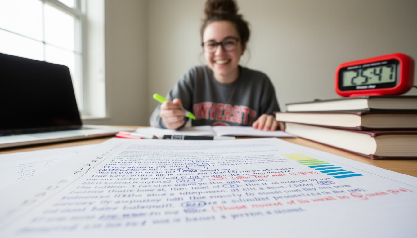 Photo Idea : A close-up of a student’s annotated DBQ page mid-essay, with margin shorthand (S, P, A, C, T, U), a colored outline beside paragraphs, and a timer in the background — perfect to illustrate the translation from marks to argument. Place this about two-thirds down the article where annotation-to-essay translation is discussed.
