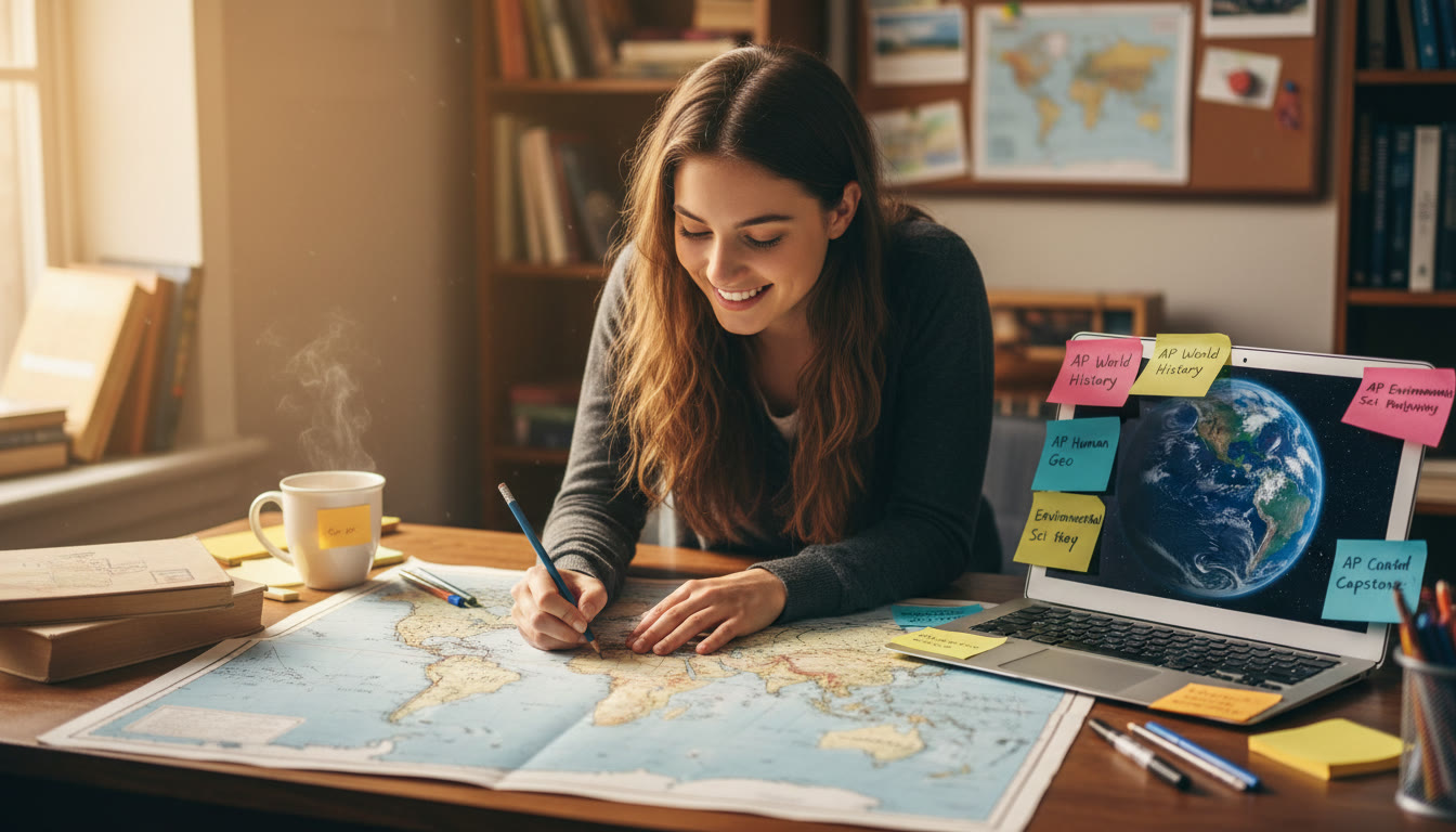 Photo Idea : A top-of-page photo suggestion — a candid shot of a student working on a map and notes, a world atlas open, laptop beside them, with sticky notes showing AP course names. The shot should feel warm and focused, signaling curiosity and study in progress.