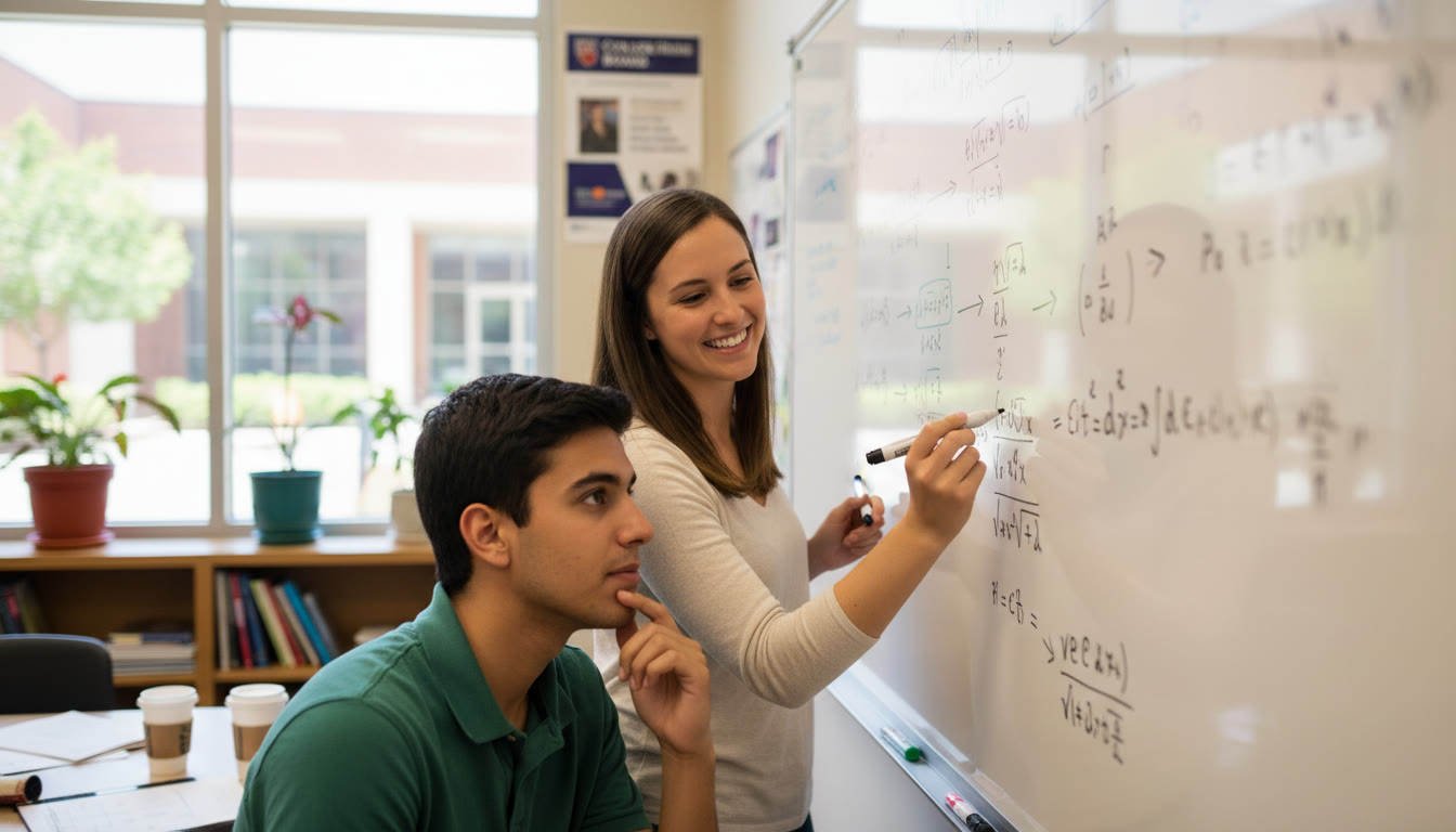 Photo Idea : A mentor and student at a whiteboard solving a multi-step calculus/physics problem together — conveys active coaching, one-on-one guidance, and the human connection in tutoring.
