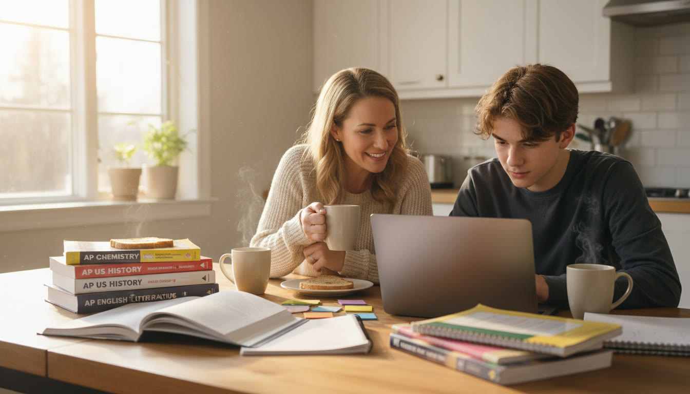 Photo Idea : A warm, natural photo of a parent and teen at a kitchen table surrounded by AP prep books and a laptop, discussing study plans with coffee mugs nearby — candid, hopeful, and real.