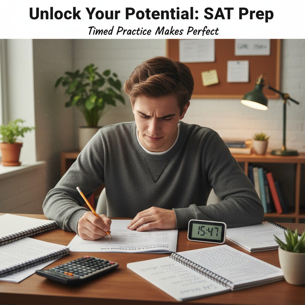Student at a desk taking a timed practice test with notebooks and a calculator: shows focus, timing, and a quiet study environment.