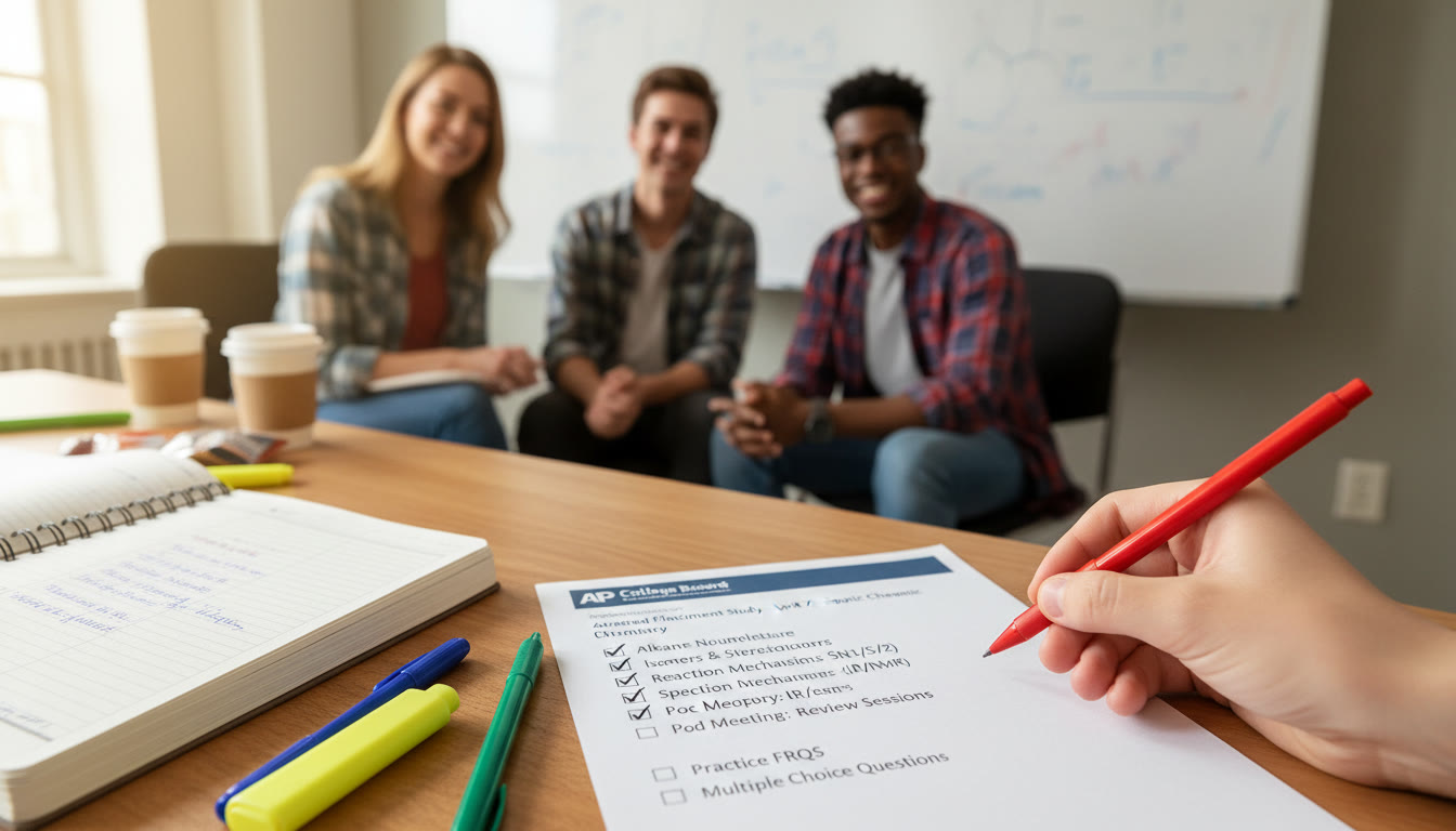 Photo Idea : Close-up of a study checklist on a table with an open notebook and colored pens, showing a realistic working session where a student checks off topics after a productive pod meeting.