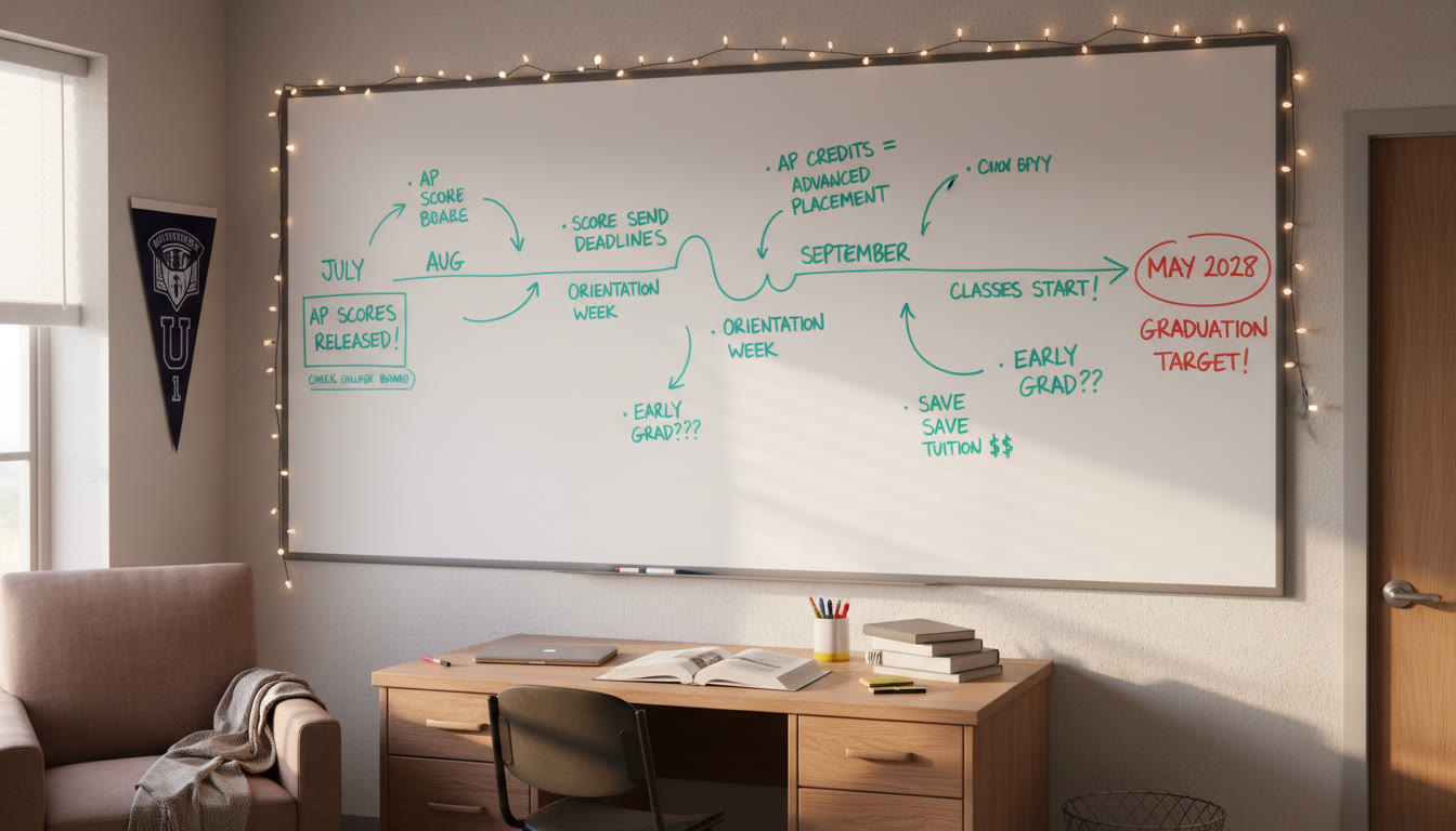 Photo Idea : A planner or whiteboard in a college dorm room showing a mapped timeline: AP scores, score send dates, orientation weeks, and a graduation target. The image should convey thoughtful planning and a concrete timeline that ties high school AP work to college milestones.