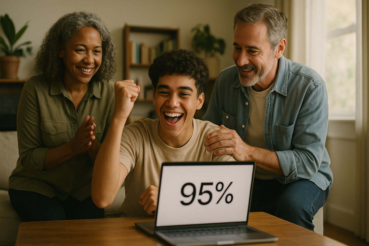 Photo Idea : A joyful scene of a student celebrating after seeing their test score on a laptop, parents smiling nearby — a human moment that captures relief and achievement.