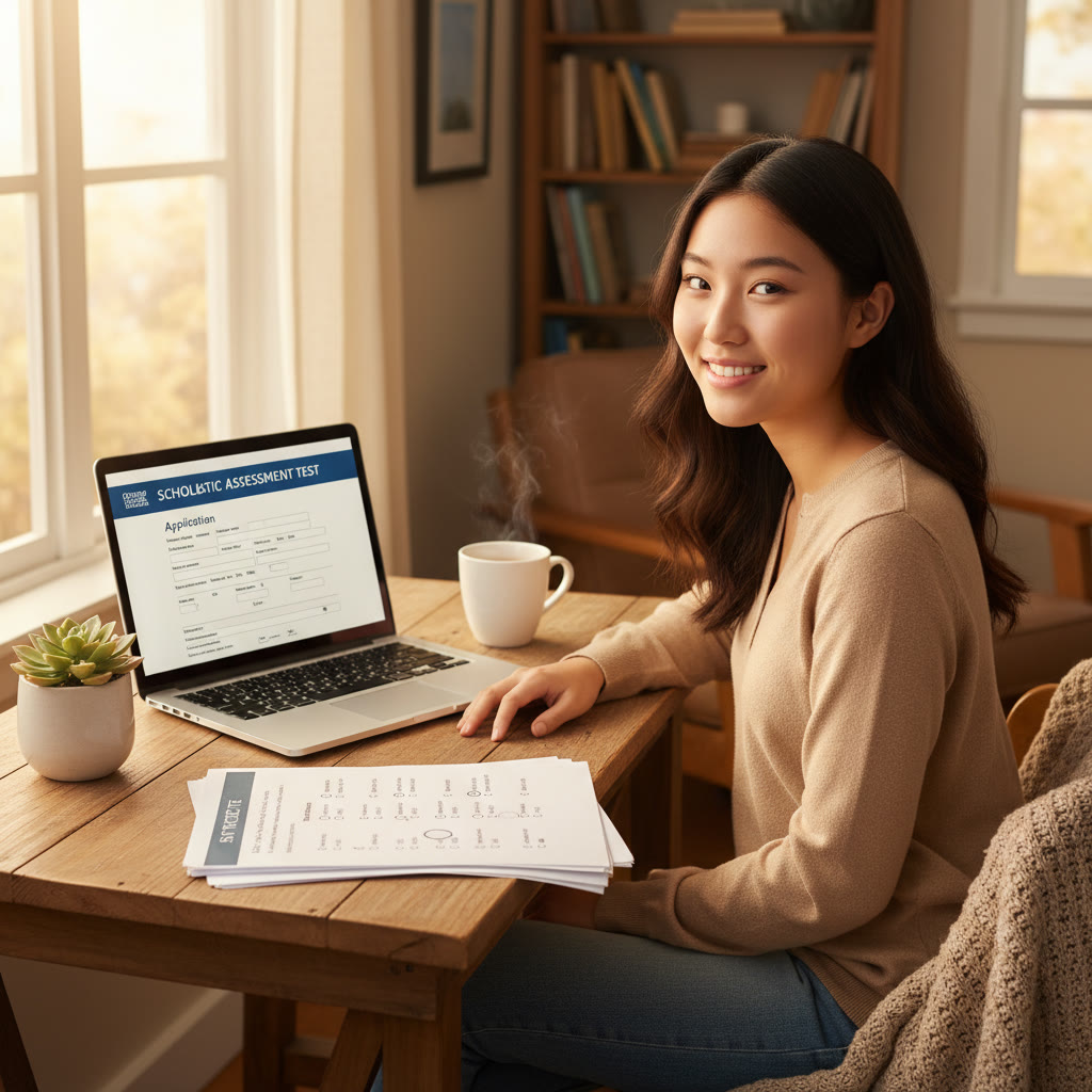 Photo Idea : A cozy study scene — a student at a small desk with a laptop open to an application form, a printed SAT practice test, and a cup of tea. Natural window light, warm tones.