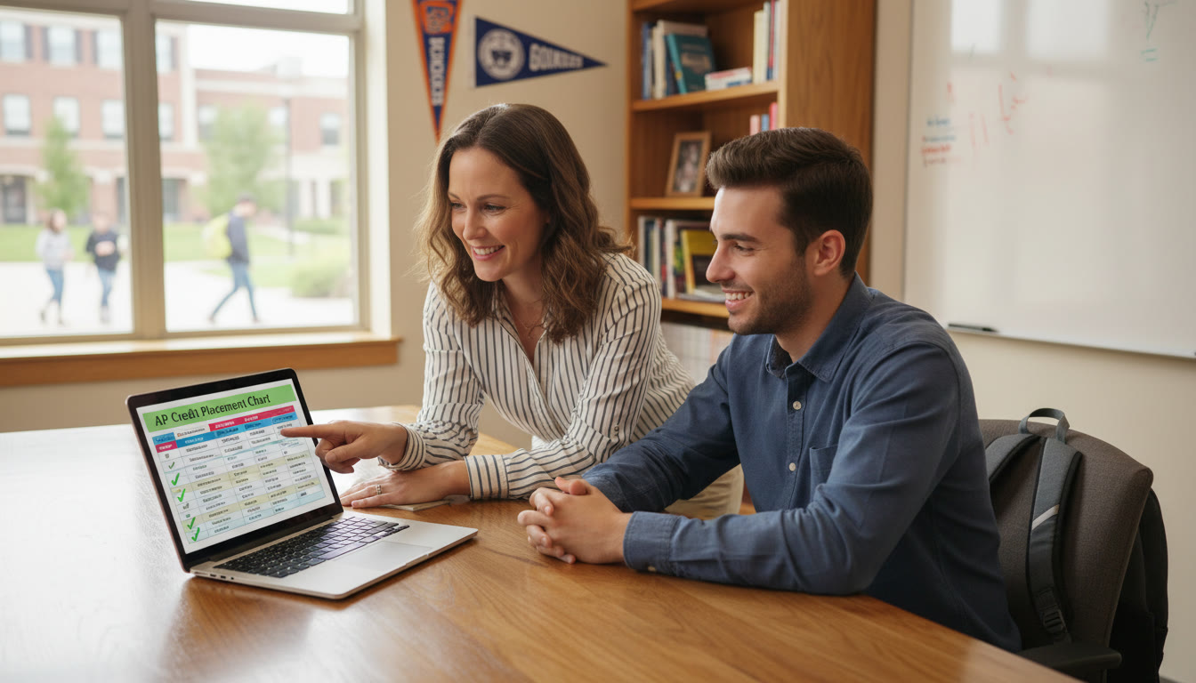 Photo Idea : A college transfer advisor meeting with a student in an office, pointing to a placement chart on a laptop screen. The scene should convey collaboration, clarity, and relief after a successful credit evaluation.