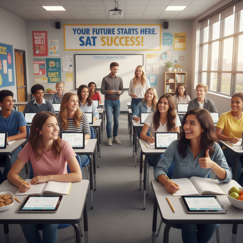 Black-and-white archival photo of students taking a paper SAT in a classroom in the 1920s, showing rows of pencil-and-paper tests and proctors.
