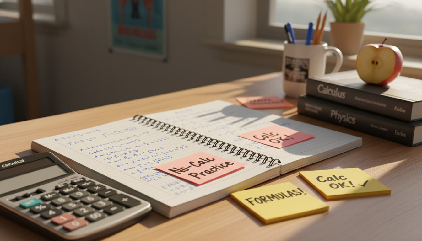 Photo Idea : A study scene on a sunlit desk showing a graphing calculator, a notebook with integrals and derivatives, and sticky notes that read “No-Calc Practice” — to visually emphasize the dual nature of the exam.