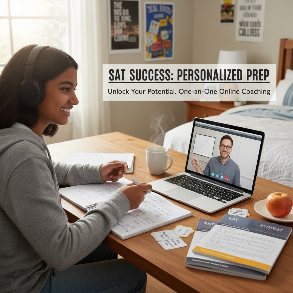 Photo Idea : A student receiving one-on-one online tutoring with a coach visible on a laptop screen; notes and practice problems scattered nearby, suggesting focused, personalized preparation.