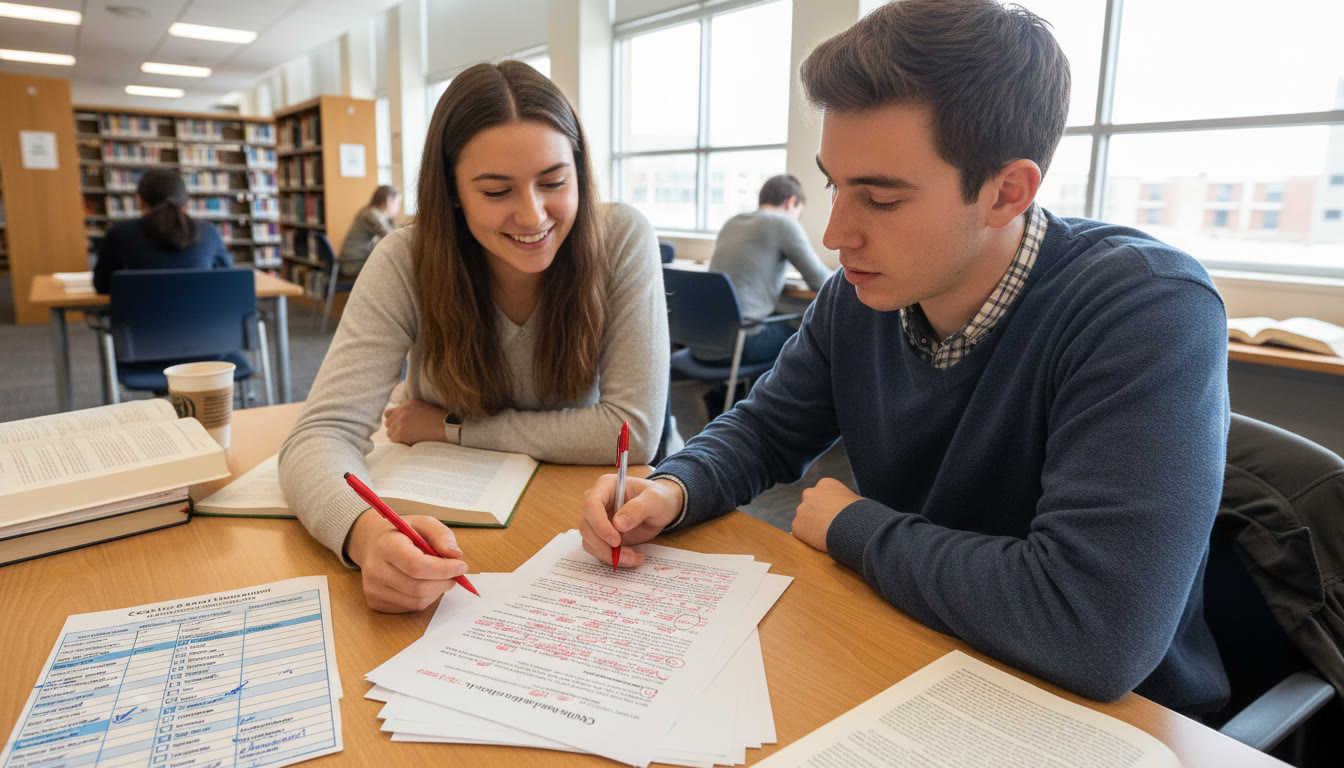 Photo Idea : A tutor and a student at a table, red-pen edits on a printed essay, a visible rubric checklist at the side, showing a moment of focused feedback.