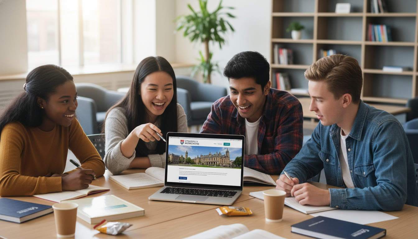 Photo Idea : A bright, candid photo of a diverse group of high school students in a study session, with one student pointing at a laptop open to the University of Melbourne website — communicates international aspiration and practical research.