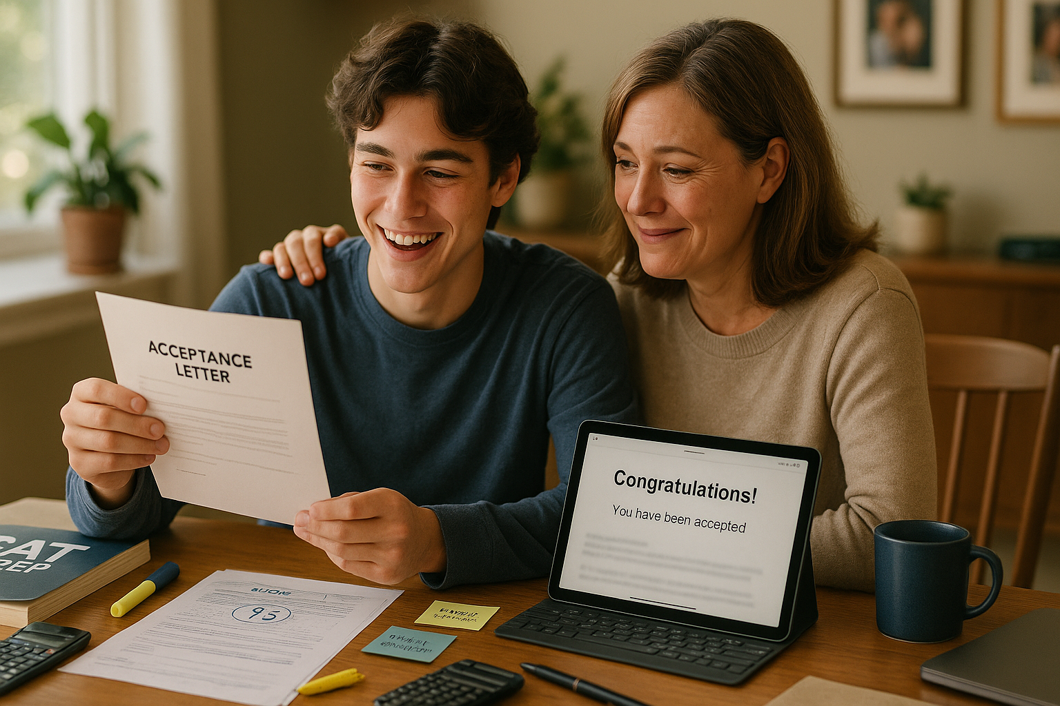Photo Idea : A celebratory moment — student and parent opening an acceptance letter or viewing an acceptance email together, with test-prep materials and a tablet in the background. Warm, candid emotion that ties score strategy to real-life outcomes.