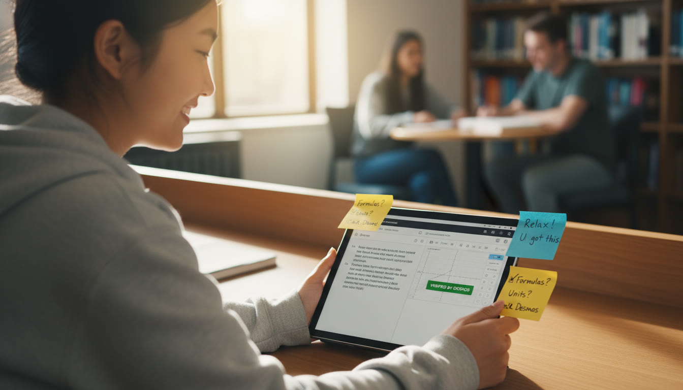 Photo Idea : Over-the-shoulder view of a student reviewing a free-response answer on a tablet with Desmos verification visible; post-it notes show a short checklist. The image conveys calm confidence and organized test strategy.
