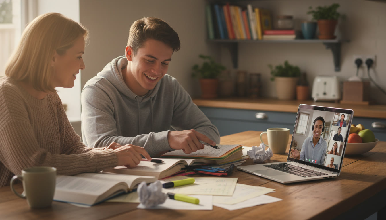 Photo Idea : A relaxed kitchen-table scene showing a high-schooler and parent reviewing AP notes while a laptop sits open with a virtual tutor on the screen. Warm lighting, natural interaction, conveys supportive, collaborative preparation.