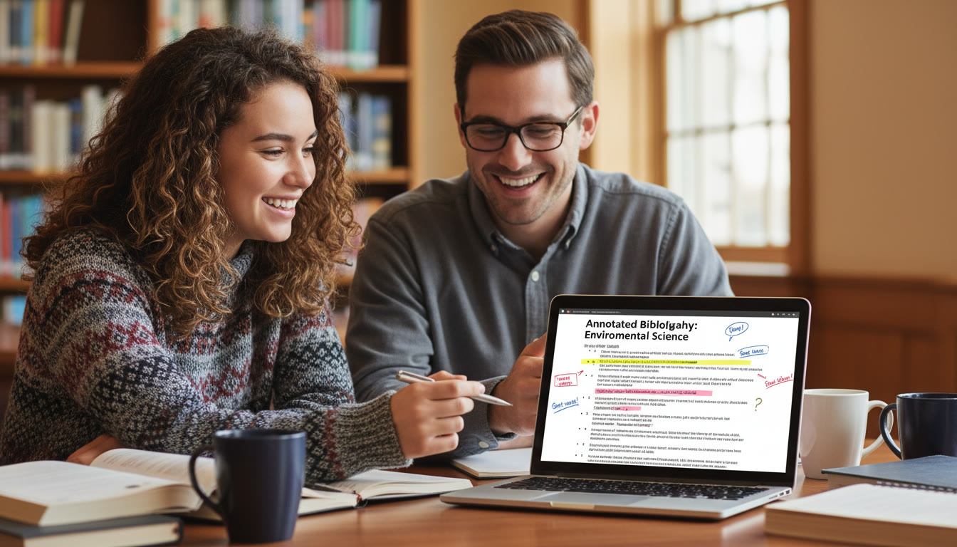 Photo Idea : A close-up of a student and tutor (friendly, collaborative setting) working on a laptop with an annotated bibliography on the screen—shows the benefit of one-on-one guidance and focused feedback. Place this image near the section discussing tutoring to illustrate the point.