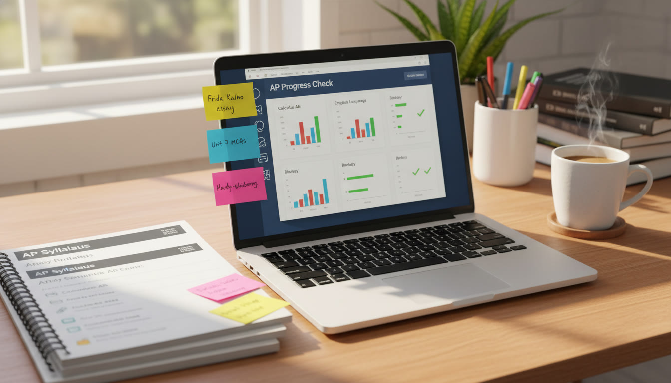 Photo Idea : A focused image of an organized study desk with printed AP syllabus pages, sticky notes, a laptop showing a progress check dashboard, and a cup of coffee—conveys planning and productive preparation close to exam season.