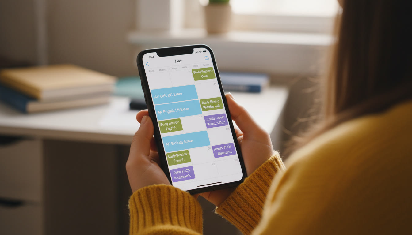 Photo Idea : A mid-article photo showing a close-up of a digital calendar on a phone screen with color-coded events for AP Exams and Study Sessions — demonstrates what actionable planning looks like.