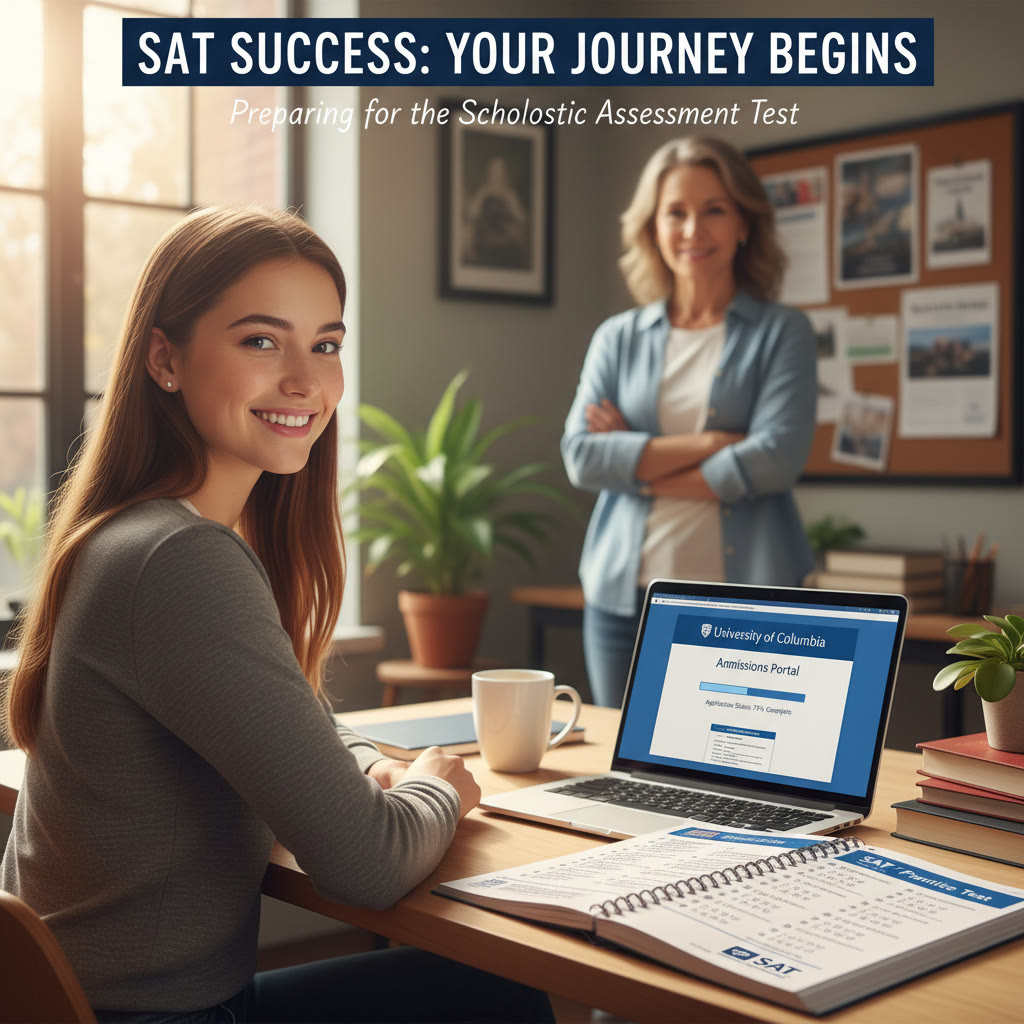 Photo Idea : A calm study scene—student at a desk with laptop open to a college admissions portal, a printed practice SAT nearby, and a parent offering a supportive smile in the background.