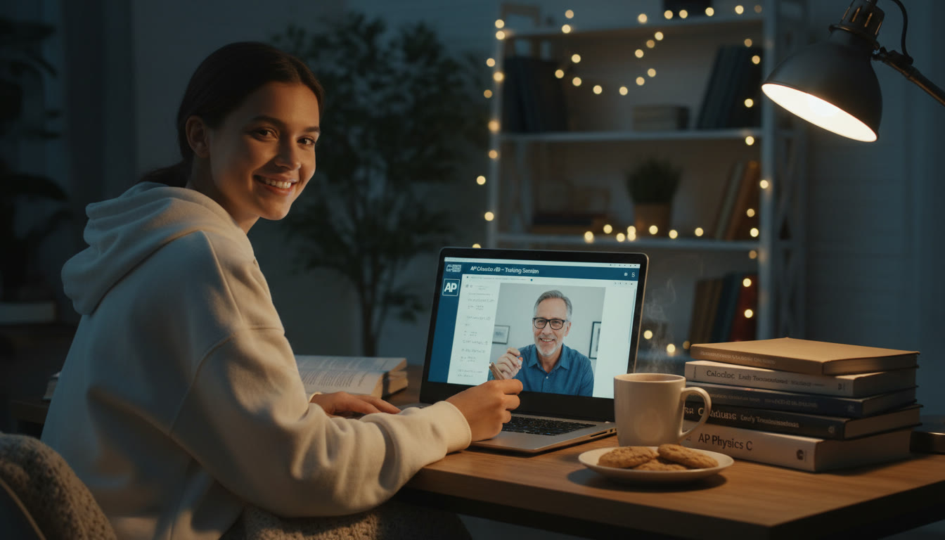 Photo Idea : A cozy, late-evening scene of a student video-conferencing with a tutor. On-screen, the tutor points to a shared document. Books and a warm drink sit beside the laptop to suggest focused, supportive study — ideal for the section discussing tutoring and accountability.