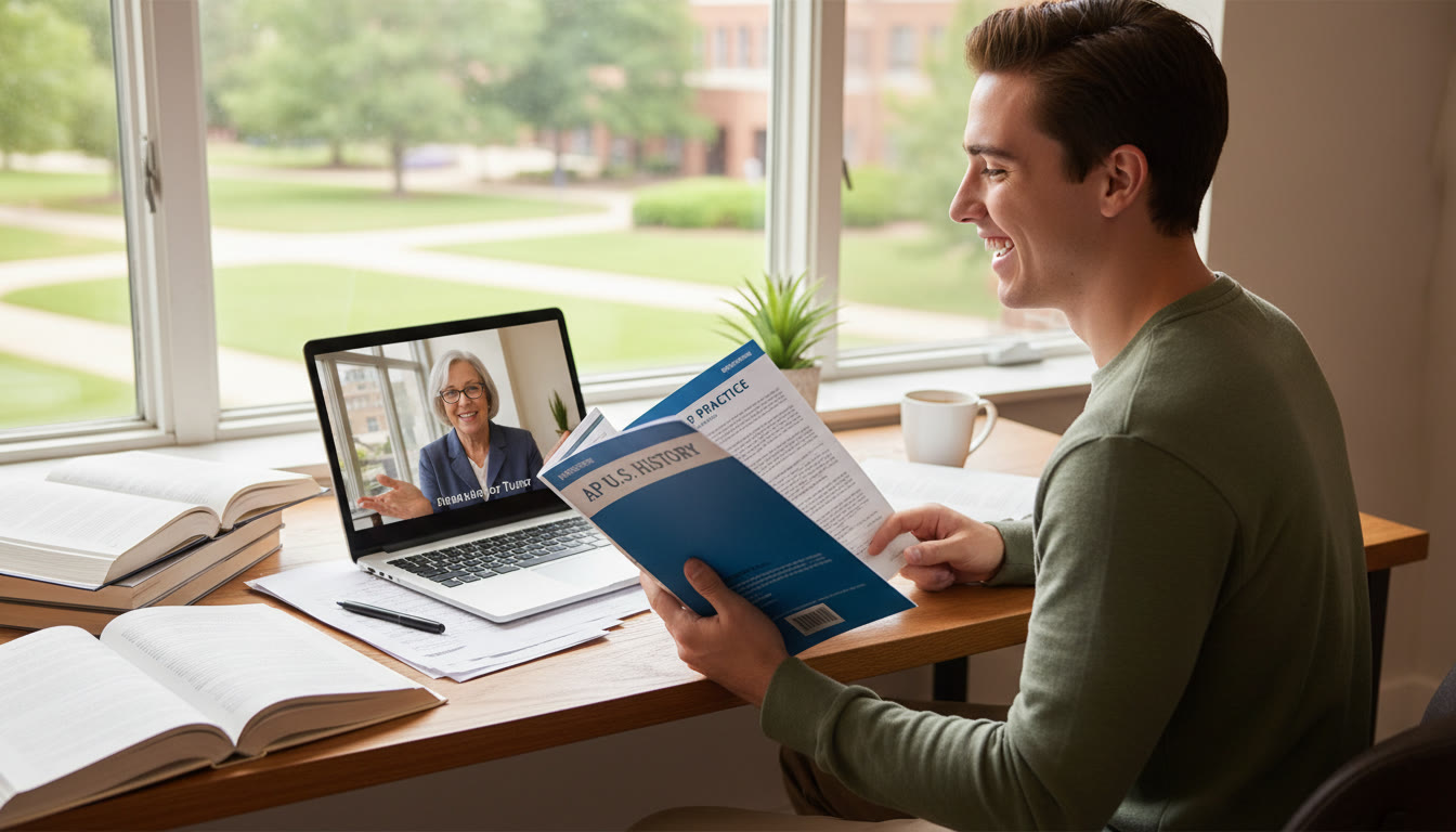 Photo Idea : A study scene showing a student on a laptop working with an online tutor (visible on the screen) while holding an AP exam practice booklet illustrating modern hybrid prep with human tutors and digital tools.