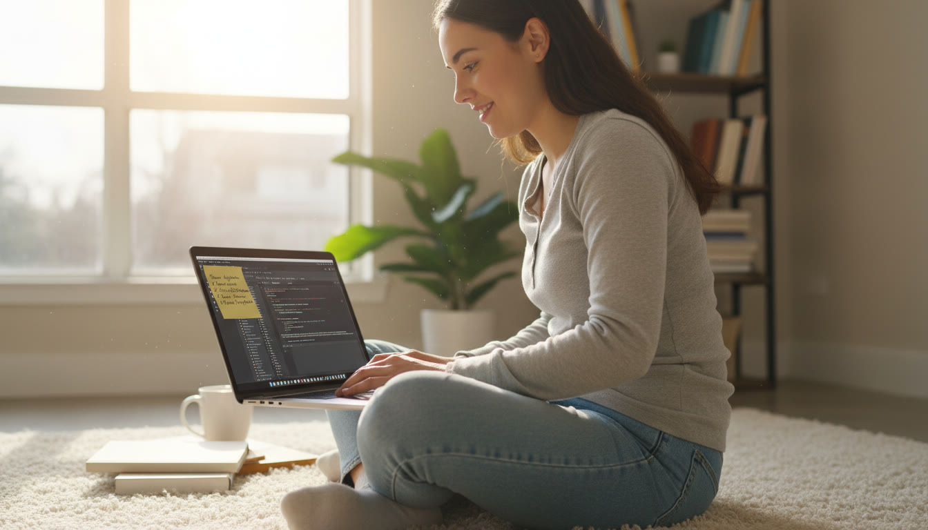 Photo Idea : Student sitting at a laptop with code on the screen and a sticky note checklist — natural daylight, relaxed focus, implying planning and review (place near the top of the article to set the scene).