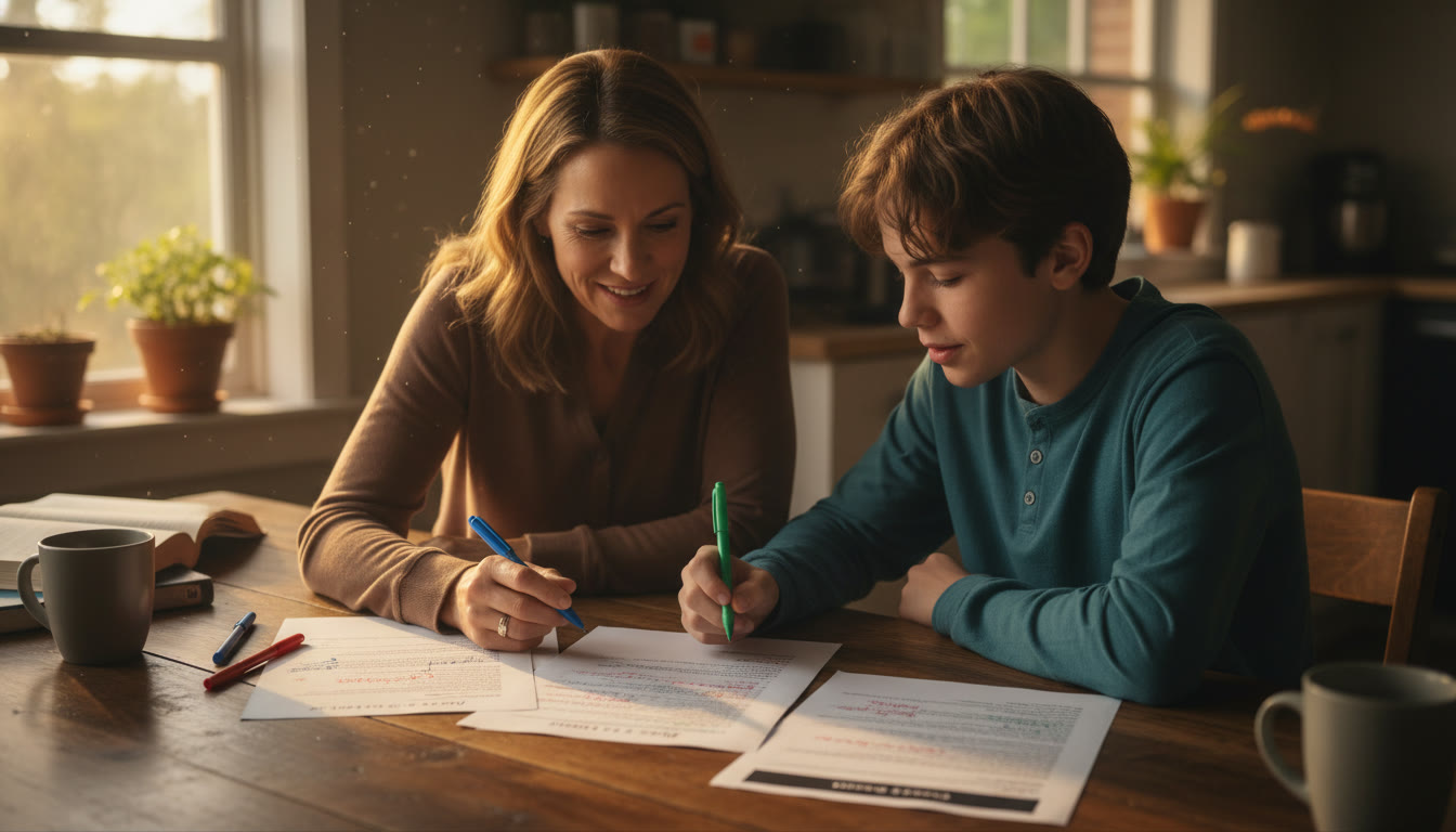 Photo Idea : A parent and teen at a kitchen table, reviewing a printed AP-style essay together with colored pens and a printed rubric—warm evening light, showing supportive collaboration and focus.