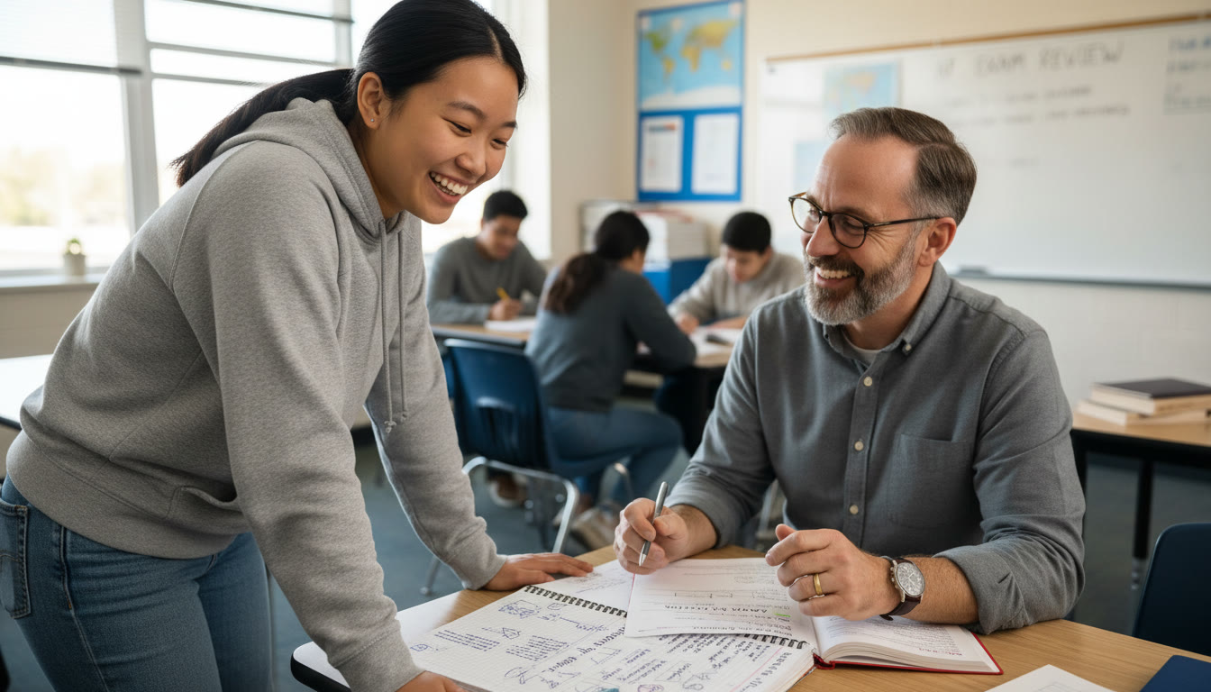 Photo Idea : Over-the-shoulder shot of a student leaning toward a teacher, both smiling, with a notebook open showing messy but earnest notes. Capture a moment of calm connection, not high drama.