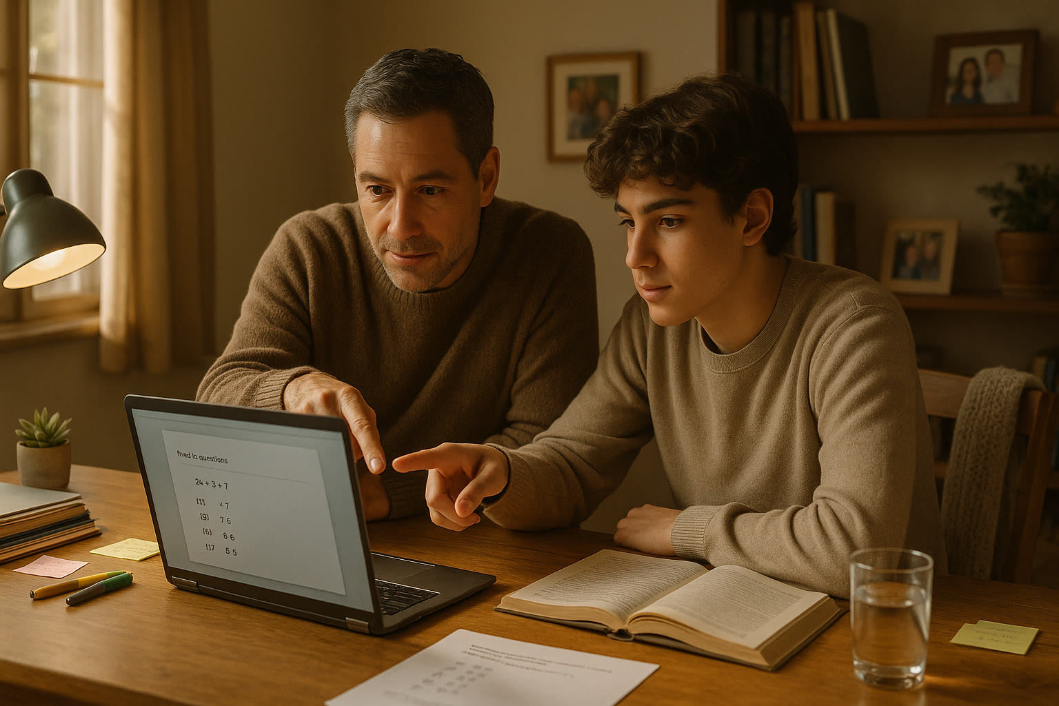 Photo Idea : A cozy study nook with a laptop open to a practice SAT question, notebooks stacked neatly, and a parent and teen discussing strategy.