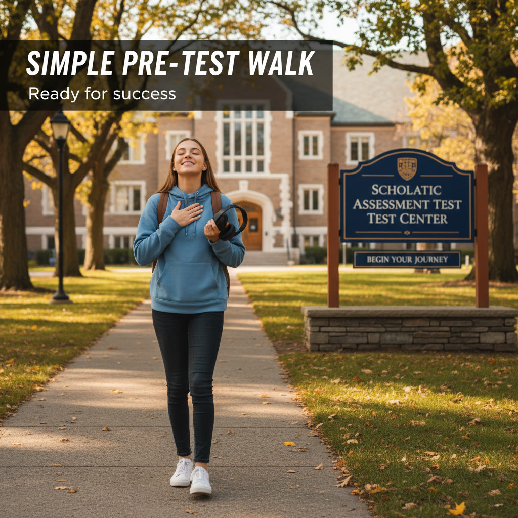 Simple pre-test walk snapshot: an image idea showing a student walking calmly near the test center with headphones off and deep-breathing pauses.