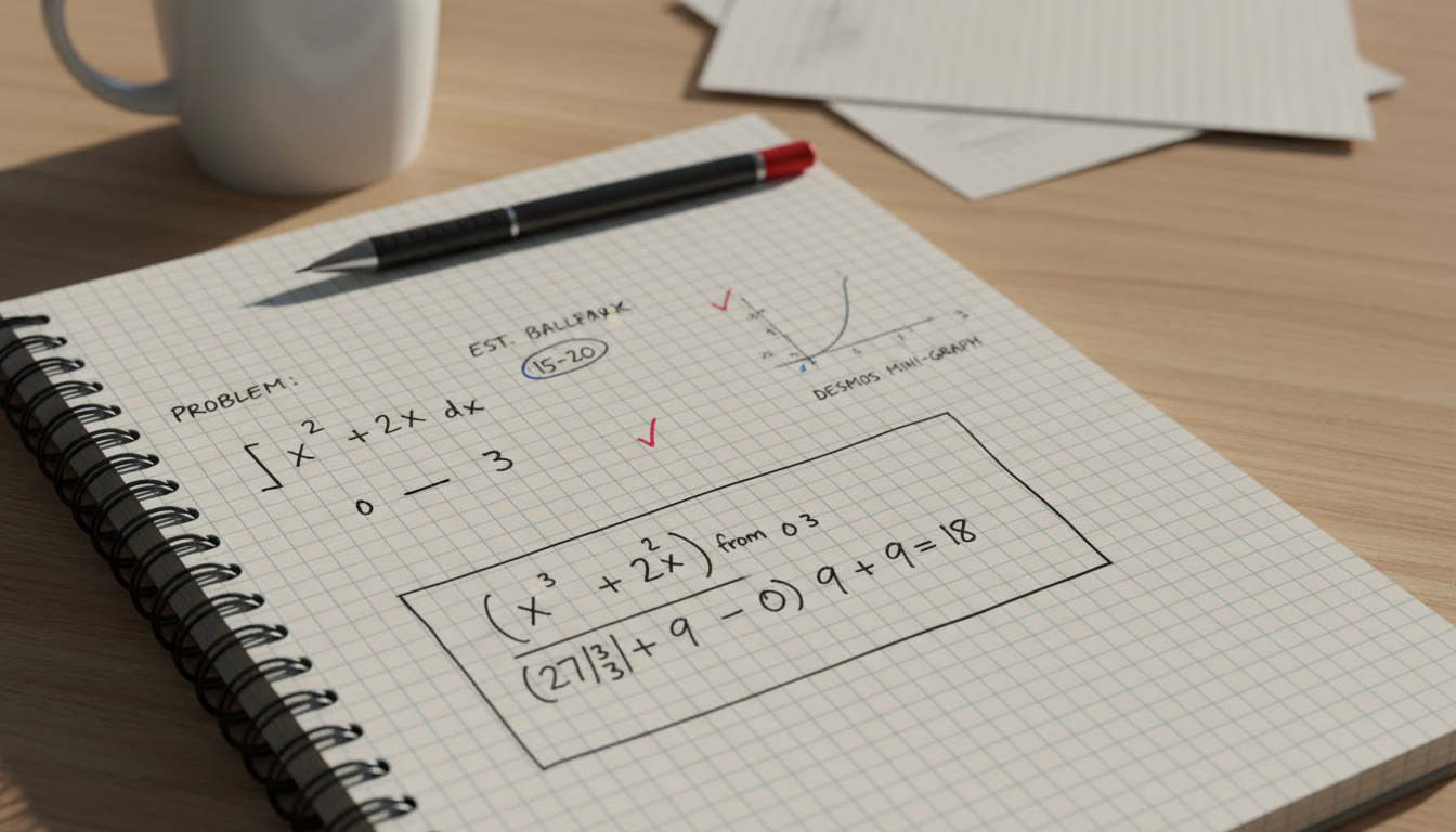 Photo Idea : Close-up of a student’s notebook showing a neat, abbreviated workflow: problem statement, expected ballpark, Desmos mini-graph thumbnail, and final boxed answer — emphasizes tidy thinking and exam readiness.