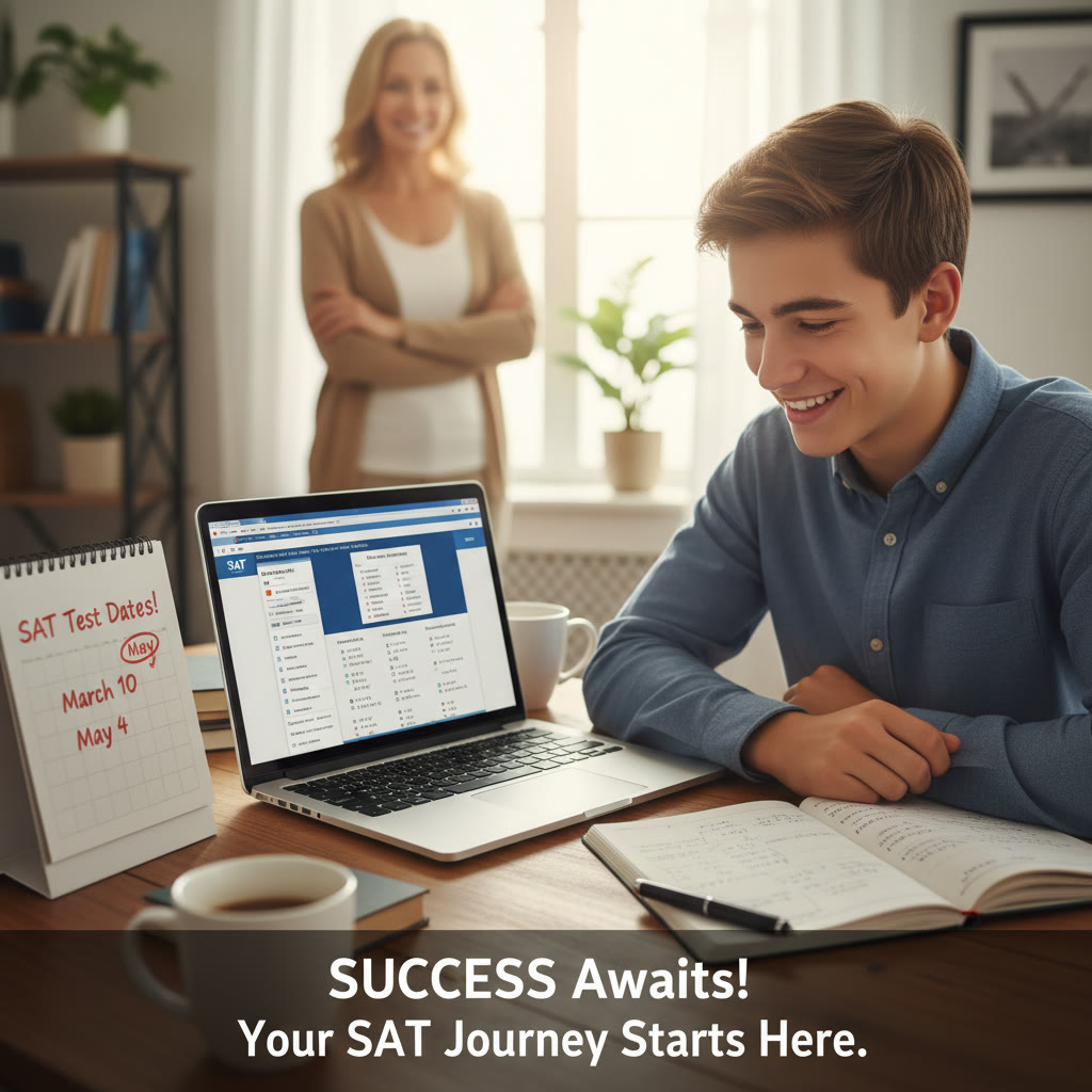 Photo Idea : A focused high-school student at a desk with a laptop showing a practice SAT interface, notebook open, a calendar with test dates circled, and a parent looking on supportively in the background.